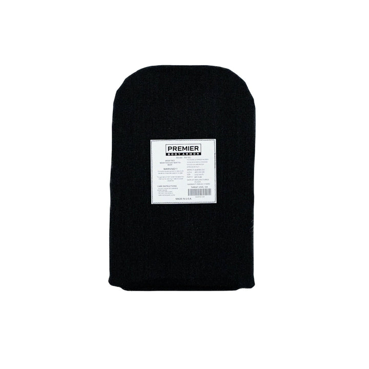 The back of a bulletproof backpack insert with a white label and barcode is set against a plain white background. Like the discrete protection of Premier Body Armor's Vertx Siege Sling Level IIIA/HG2 Backpack Insert, this simple item holds more than meets the eye with its intricate detailing.