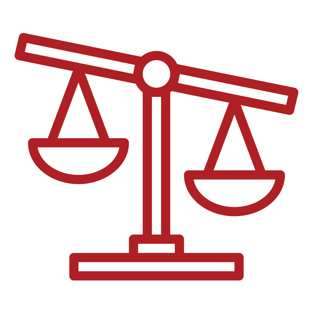 Red outline of an unbalanced scale icon on a white background, with the left side lower than the right, representing uneven weight distribution.