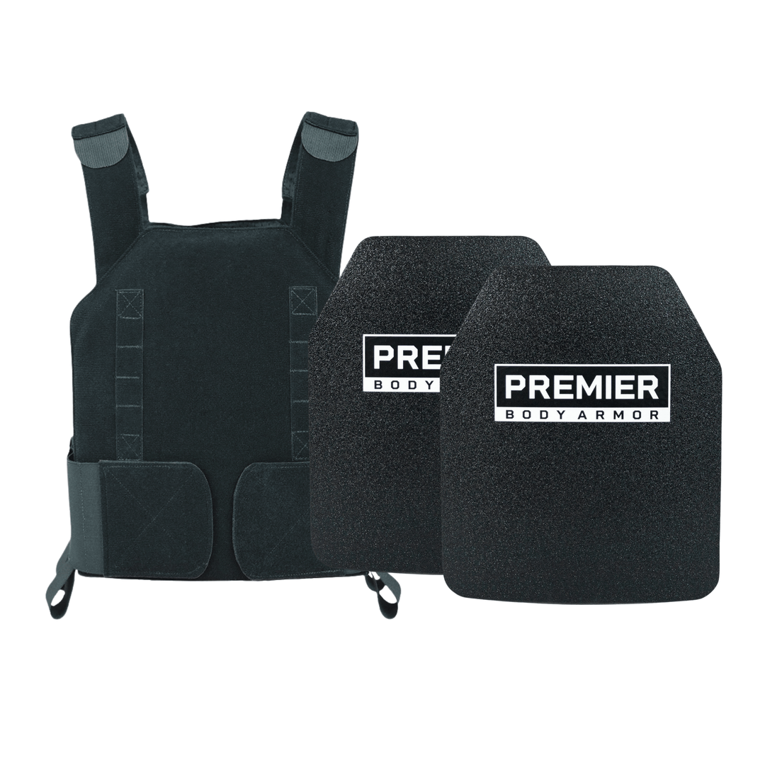 The "Discreet Defender Bundle - Agile PE Armor" by Premier Body Armor showcases a black tactical vest with adjustable straps and pockets for concealed plate carrying, designed for discreet protection.