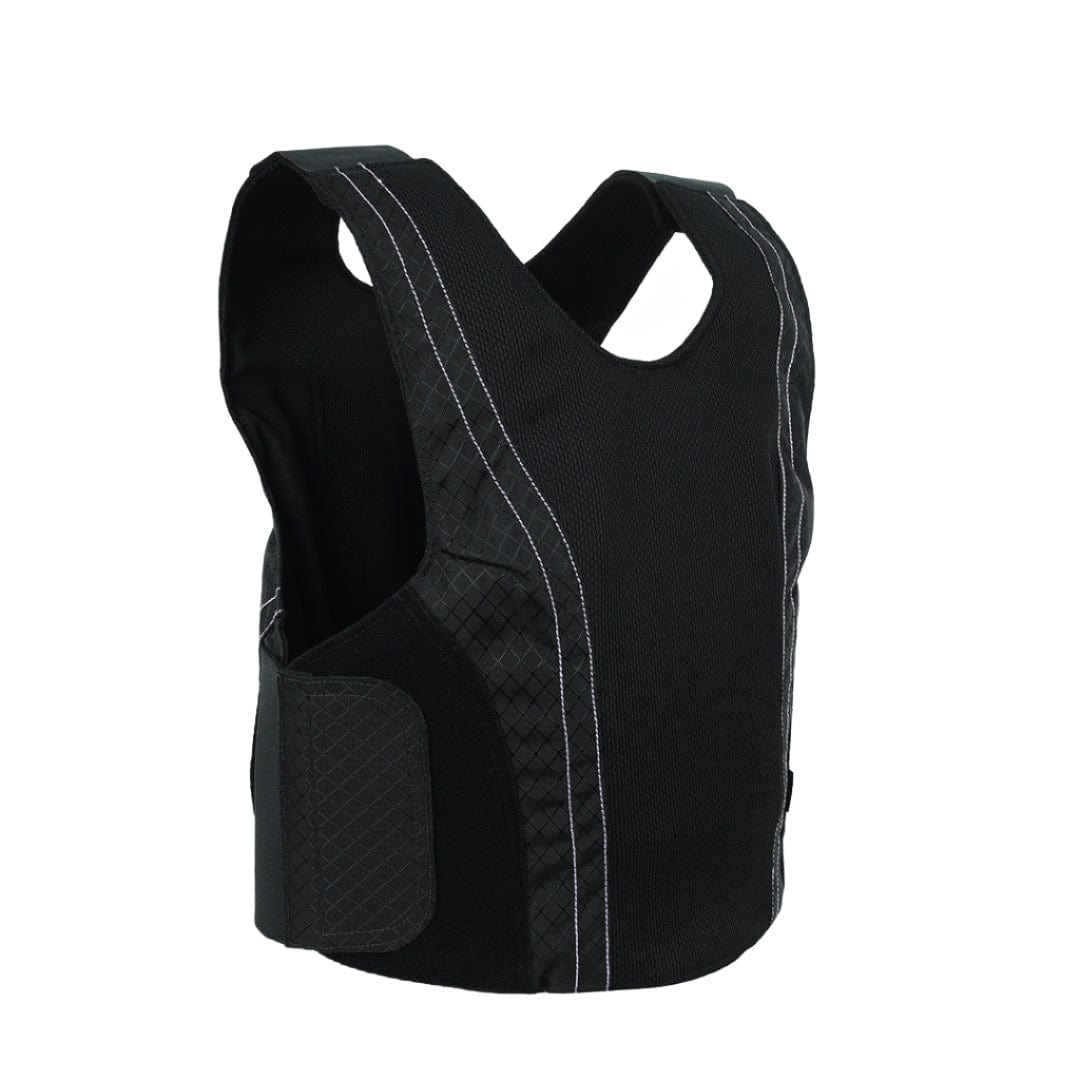 female body armor vest with adjustable sides and straps.