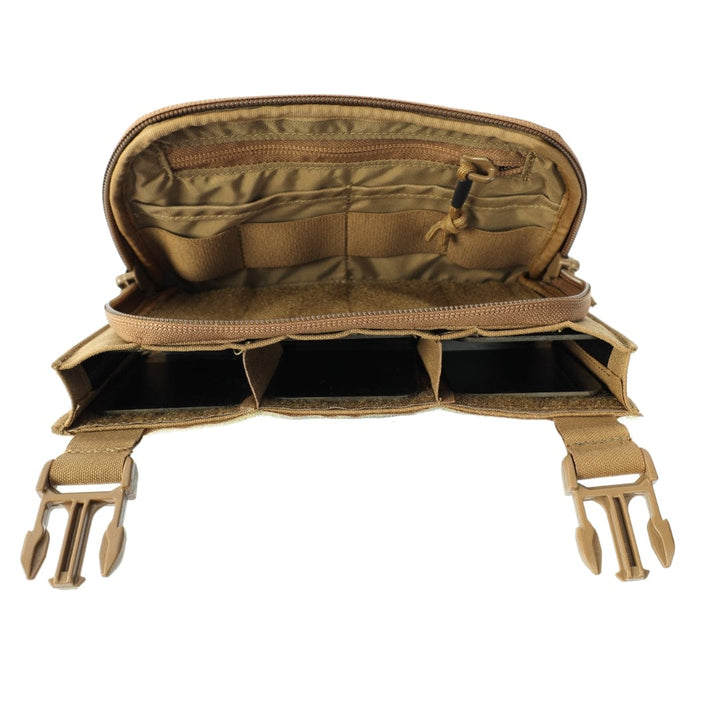 A tan Premier Body Armor Fortis Pro Placard (556/39) with its main compartment open, displaying interior and mesh zippered pockets plus two buckle closures—perfect as an AR-15 mag pouch or paired with your Fortis Pro Placard.
