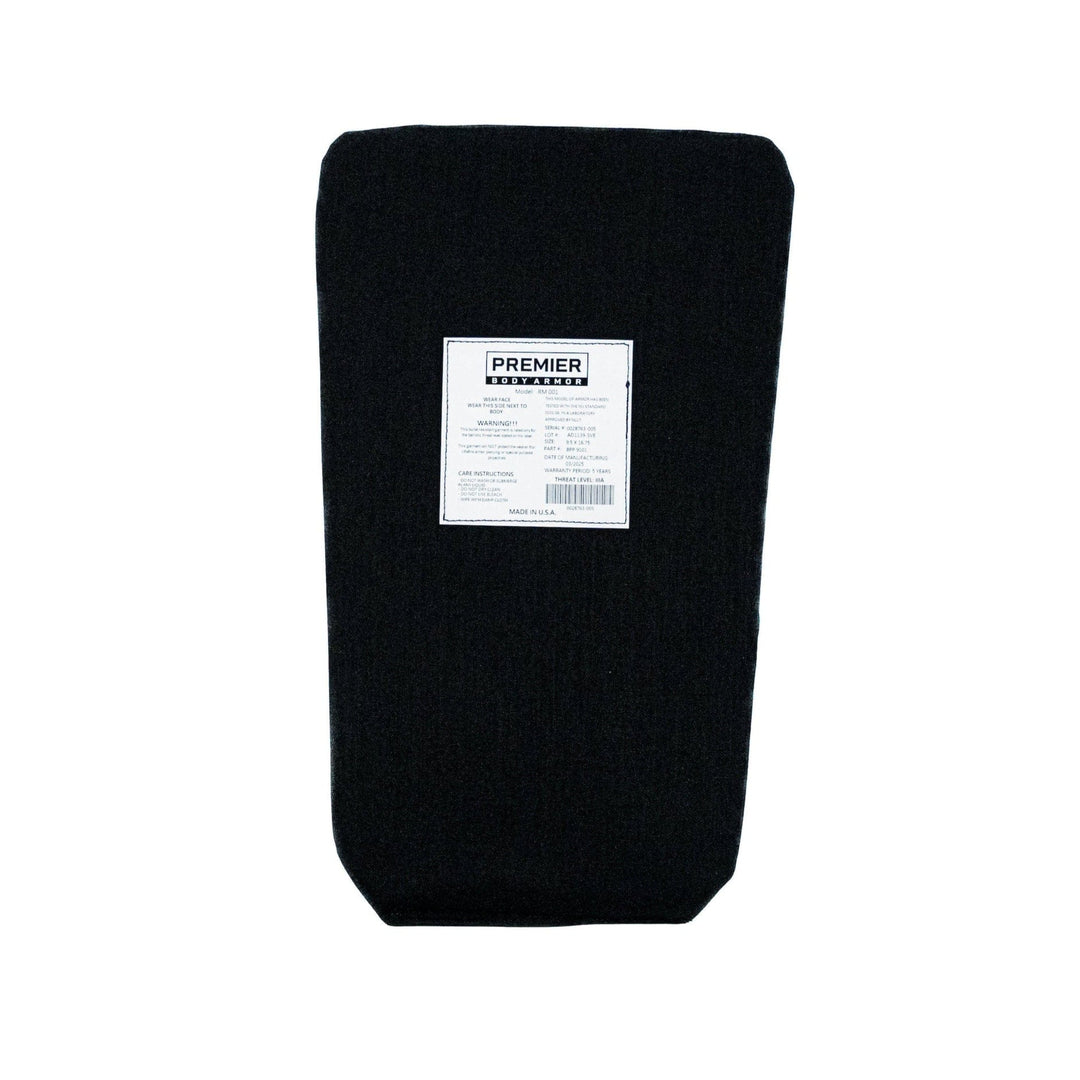 A black vacuum cleaner bag lies flat on a white background. A white label, similar to those on the Vertx Siege Pack Level IIIA/HG2 Backpack Insert by Premier Body Armor, is in the center displaying text and a barcode.