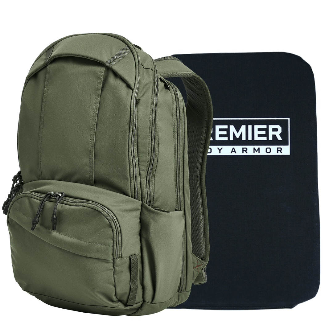 A green Armored Vertx Ready Pack X by Vertx/Premier is displayed before a flat black panel labeled "PREMIER BODY ARMOR" in white, featuring a Level IIIA Ballistic Insert for enhanced concealed carry protection.