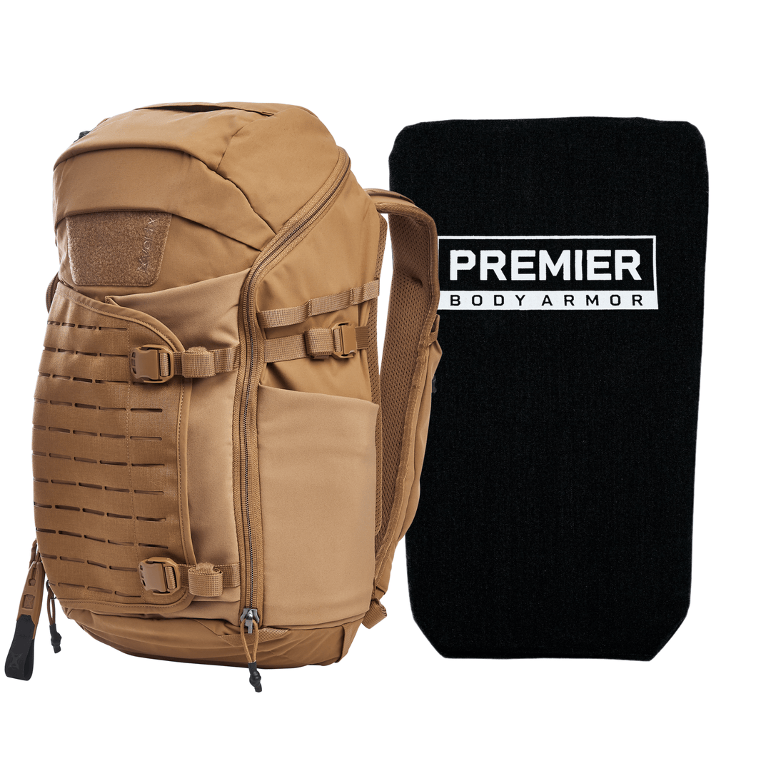 A tan Armored Vertx Siege Pack Bundle with multiple compartments and straps is shown next to a black Level IIIA ballistic insert labeled "Premier Body Armor." This bundle from Vertx/Premier promises safety and versatility for any adventure.
