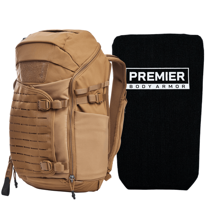 A tan Armored Vertx Siege Pack Bundle with multiple compartments and straps is shown next to a black Level IIIA ballistic insert labeled "Premier Body Armor." This bundle from Vertx/Premier promises safety and versatility for any adventure.