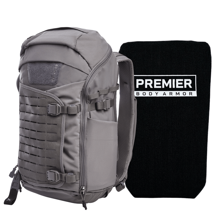 Displayed is the Armored Vertx Siege Pack Bundle in gray, featuring multiple compartments and straps, alongside a black Premier Body Armor ballistic insert with the brand name in white.