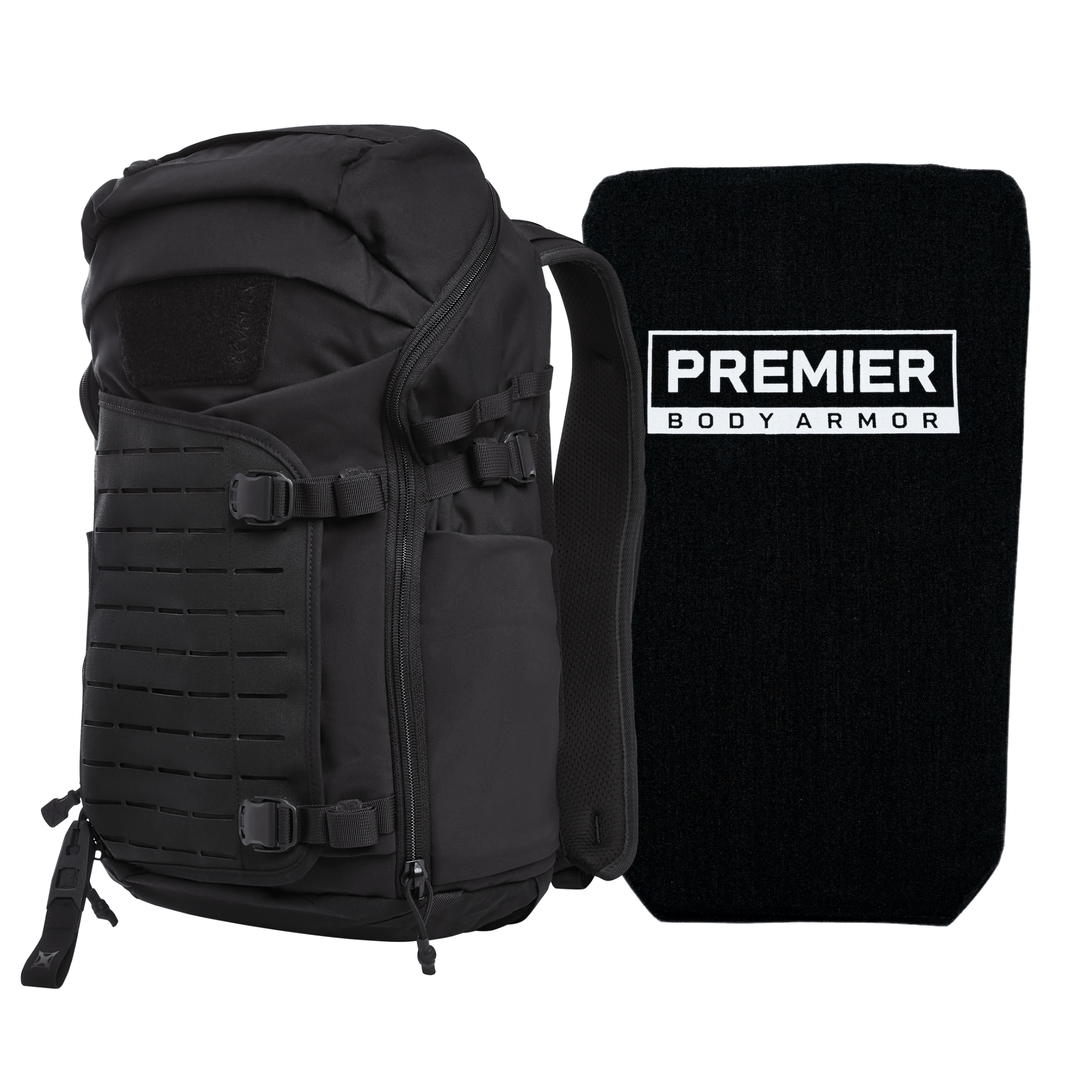 The Armored Vertx Siege Pack Bundle by Vertx/Premier, featuring multiple compartments, straps, and molle webbing, is stylishly paired with a ballistic insert panel against a white backdrop.