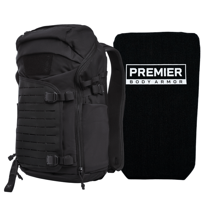The Armored Vertx Siege Pack Bundle by Vertx/Premier, featuring multiple compartments, straps, and molle webbing, is stylishly paired with a ballistic insert panel against a white backdrop.