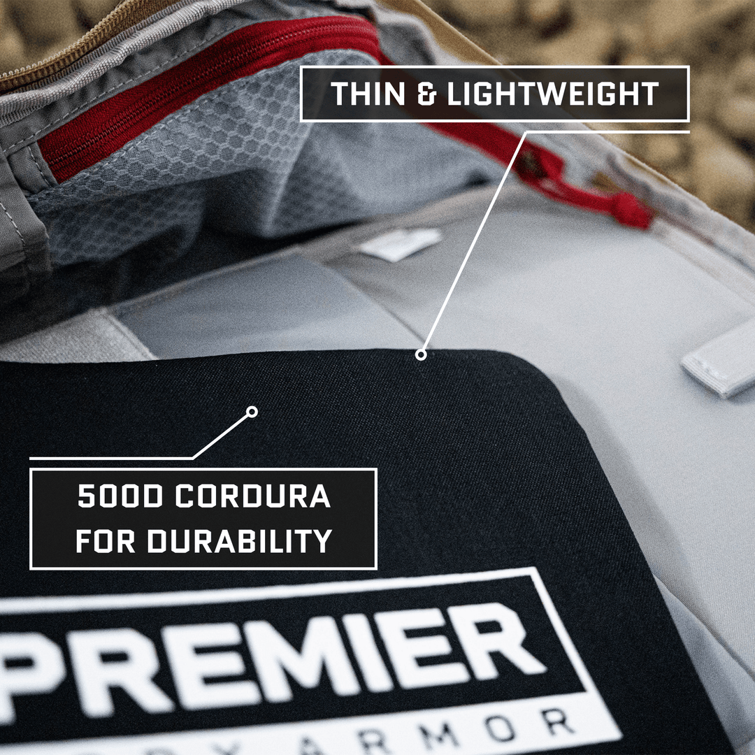 The Vertx Siege Pack, featuring the Premier Body Armor branding, is showcased with its interior details. It highlights "Thin & Lightweight," made with "500D Cordura for Durability," and accommodates a Level IIIA backpack insert for enhanced protection.