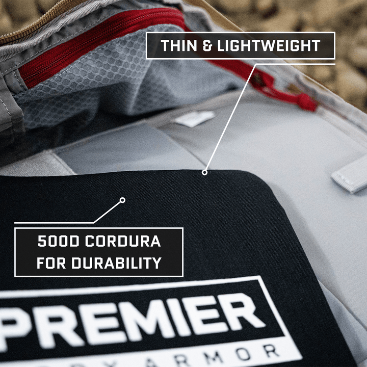 The Vertx Siege Pack, featuring the Premier Body Armor branding, is showcased with its interior details. It highlights "Thin & Lightweight," made with "500D Cordura for Durability," and accommodates a Level IIIA backpack insert for enhanced protection.