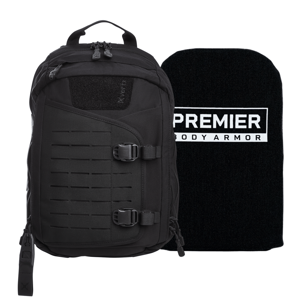 The Armored Vertx Siege Sling Bundle, by Vertx/Premier, features a black tactical backpack with multiple compartments and buckle straps alongside a rectangular ballistic insert offering NIJ-Certified Level IIIA protection.