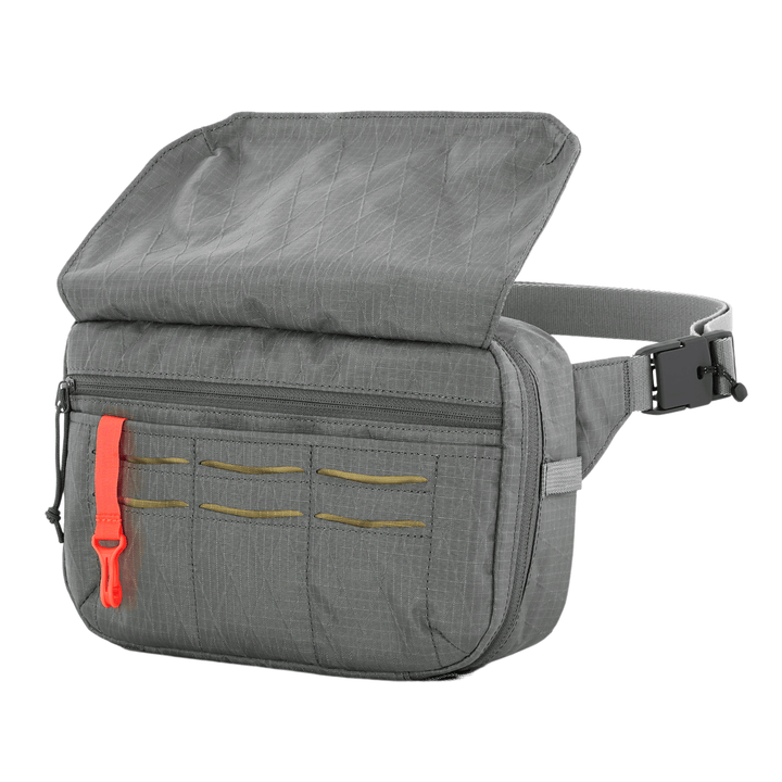 The Armored Viktos Upscale Hip Pack Bundle by Viktos/Premier is a stylish gray waist bag with an adjustable strap, buckle, large front flap with orange zipper pull, vertical slots, and main compartment for concealed carry.