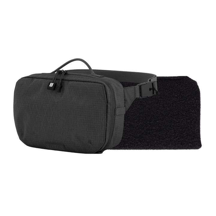 The Viktos/Premier Armored Viktos Upscale Hip Pack Bundle is a black rectangular tactical hip pack with zip closure and adjustable strap, featuring a Velcro patch and buckle. It's designed for concealed carry with a textured surface and has a logo at the bottom.