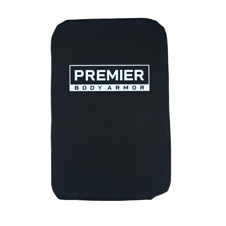 A rectangular black Vertx Ready Pack / Ready Pack X Level IIIA Backpack Insert by Premier Body Armor, with rounded edges and "PREMIER BODY ARMOR" in bold white text—perfect as a ballistic backpack insert.