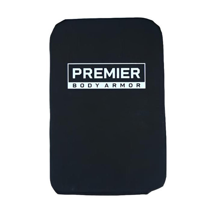 A rectangular black Vertx Ready Pack / Ready Pack X Level IIIA Backpack Insert by Premier Body Armor, with rounded edges and "PREMIER BODY ARMOR" in bold white text—perfect as a ballistic backpack insert.