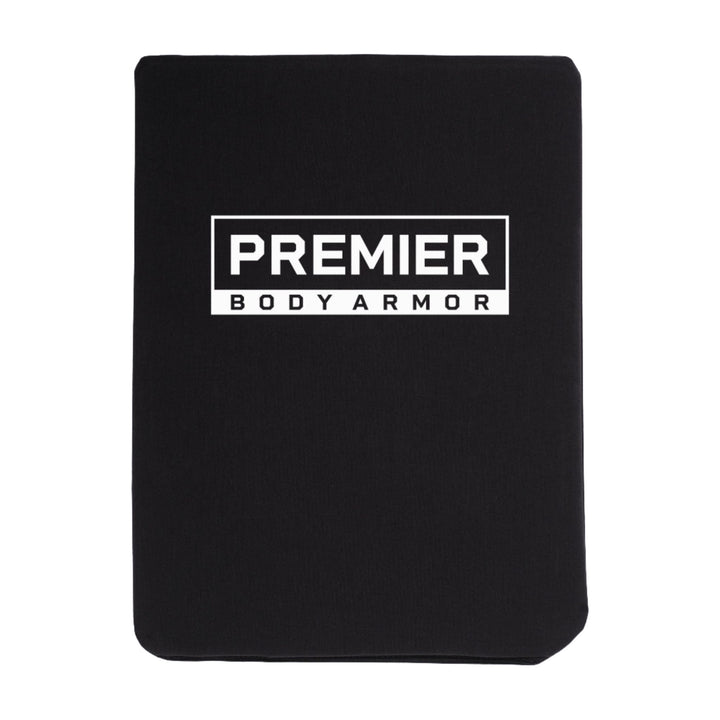 This Level IIIA Insert for the 5.11 Rush Delivery LIMA Pack by Premier Body Armor features rounded corners and a smooth black surface, complying with NIJ standards. It sports a central white rectangular logo of the brand, ideal for your backpack armor collection.