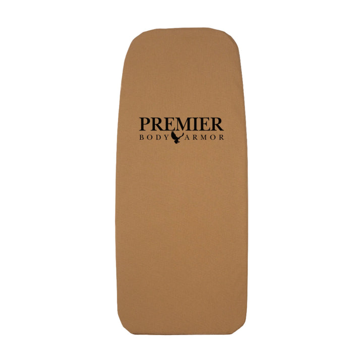 Rectangular tan Level IIIA ballistic armor plate with rounded corners, branded "Premier Body Armor," fits the 5.11 LV M4 20L Pack.