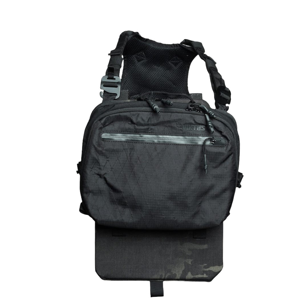 Front image of the viktos low key chest rig with Premier Body Armor's ballistic insert. Full frontal coverage with level iiia ballistic panels.