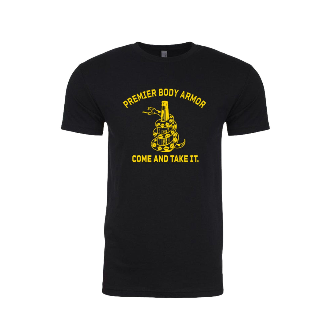 Premier Body Armor's Come and Take It T-Shirt available in black with yellow font.