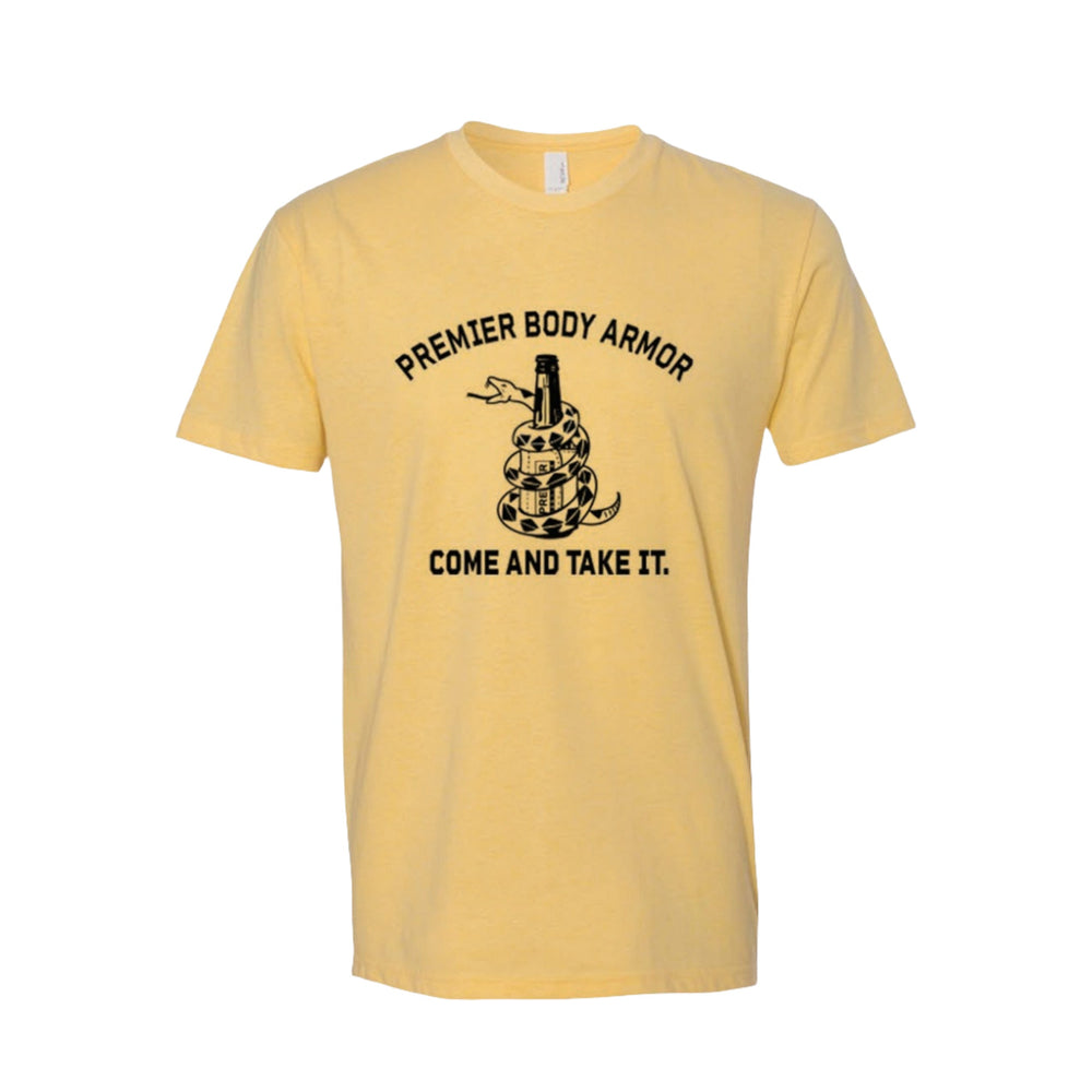 Premier Body Armor's Come and Take It T-Shirt available in yellow with black font.