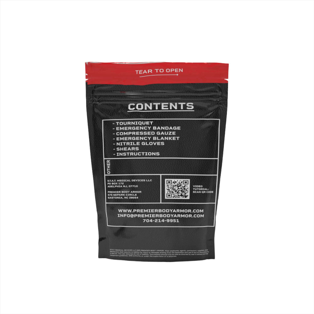 Image of the back of the first aid kit. Stop the bleed control kit for emergency situations.
