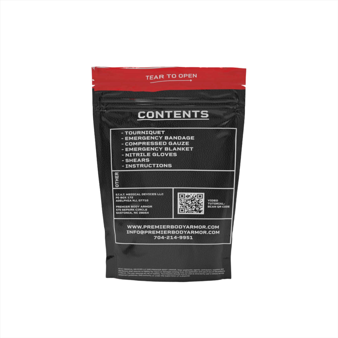 Image of the back of the first aid kit. Stop the bleed control kit for emergency situations.