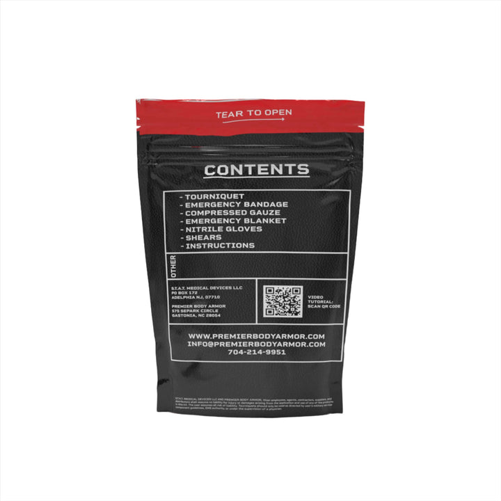 Image of the back of the first aid kit. Stop the bleed control kit for emergency situations.