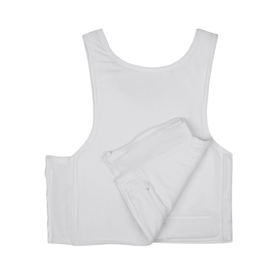 A carrier for one of our best selling bulletproof vests in white. This carrier does not come with level 3a soft armor panels.