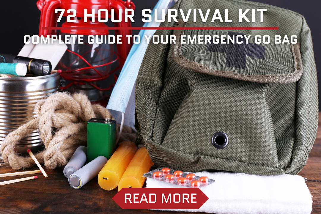 72 hour survival kit header with emergency suppplies gathered