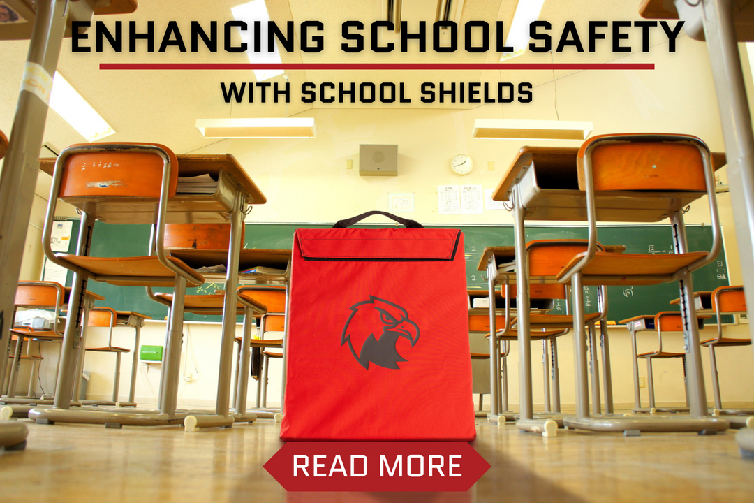 red first aid school shield sitting in classroom between desks