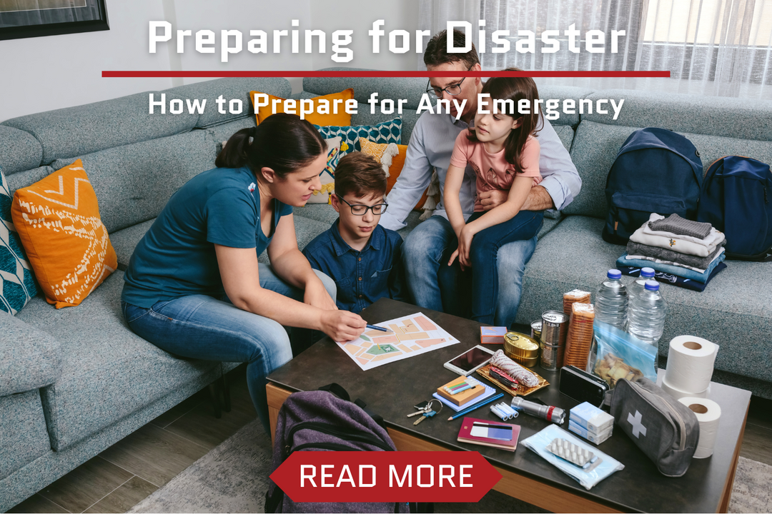 family planning for emergency with disaster supplies like bottled water, first aid, and food