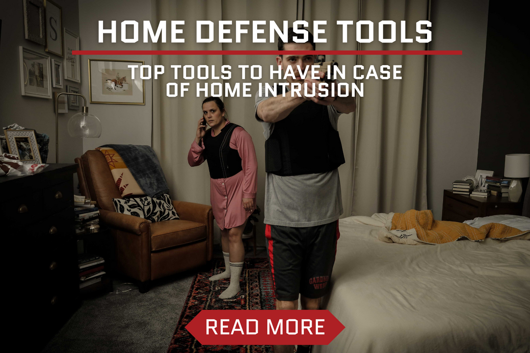 home defense tools photo of couple wearing body armor in bedroom during break in