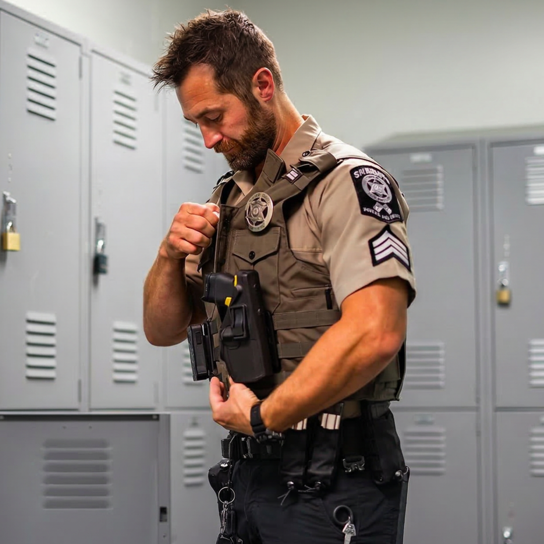 A police officer in uniform stands in a locker room, adjusting equipment on his vest in front of a row of light blue lockers. The setting appears quiet and well-lit.
