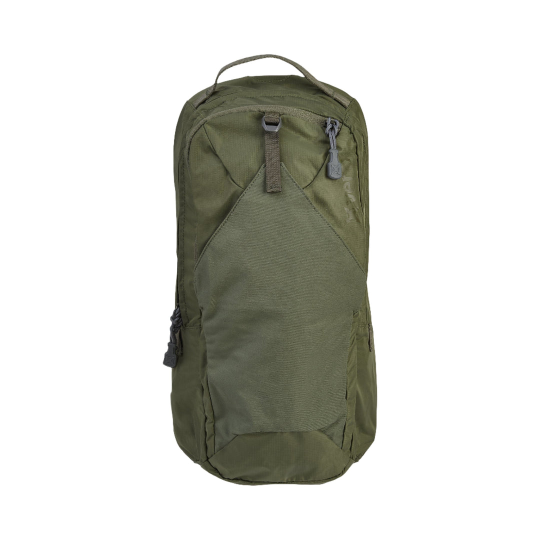 The Vertx Long Walks Pack 15L in green boasts a simple, utilitarian design, ideal for long walks. It includes a top handle, dual main compartments with zippers, and a front pocket with a small zipper. The Armored Vertx Long Walks 15L Bundle also offers body armor insert compatibility. The brand name is subtly displayed on the upper right side.