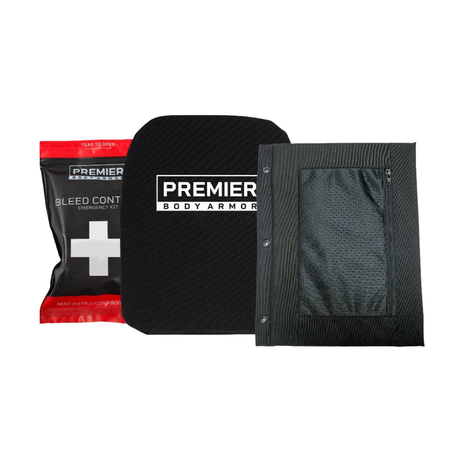 Introducing the Primary School Bundle from Premier Body Armor, a comprehensive set featuring three essential items: a black protective plate, a black modular attachment with a mesh pocket, and a red and white Bleed Control Kit emergency kit.