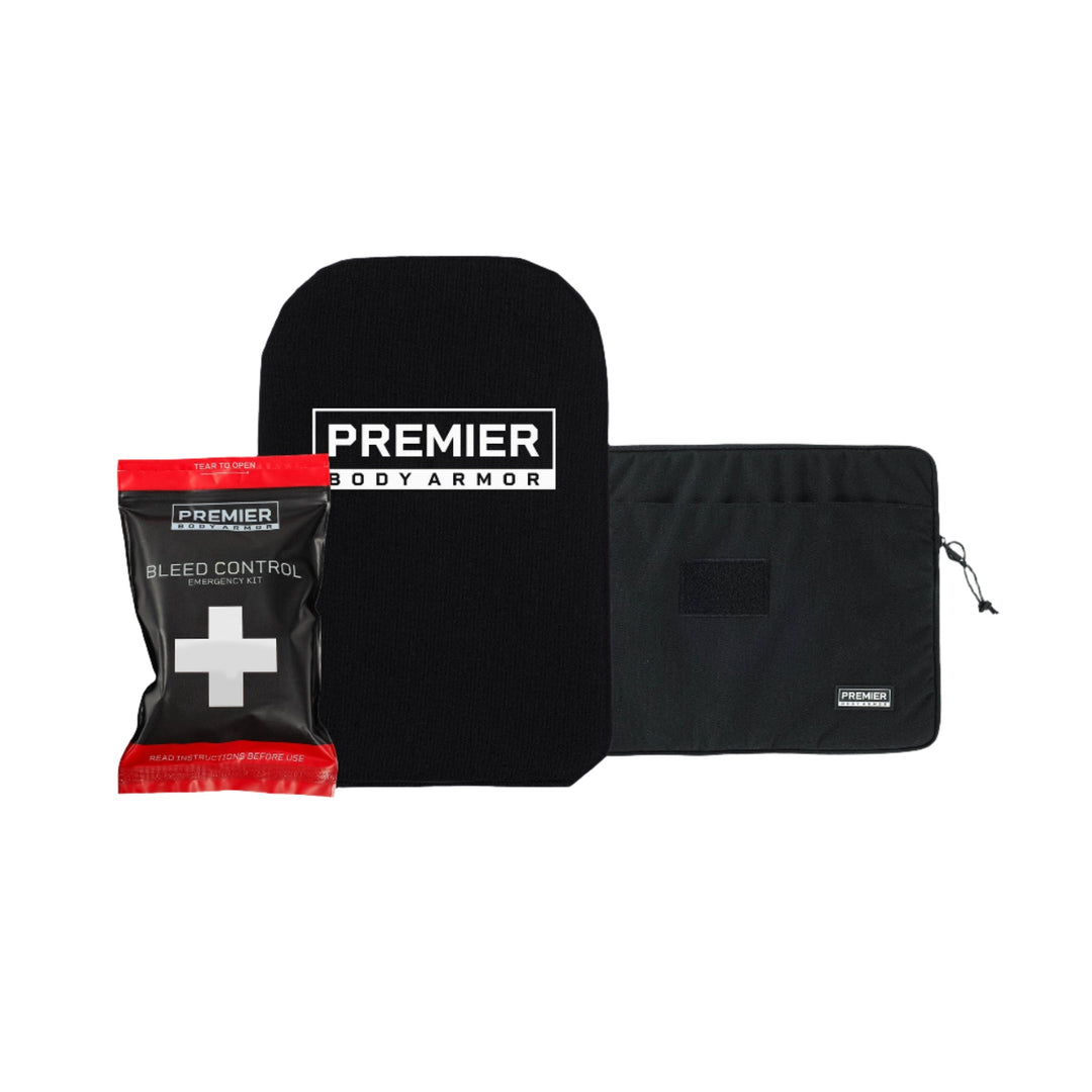 The Secondary School Bundle from Premier Body Armor includes a black rectangular Level IIIA Backpack Insert with a white logo, a small black pouch with a zipper, and a "Bleed Control" package featuring a white cross symbol on a black and red background, perfect for campus safety.