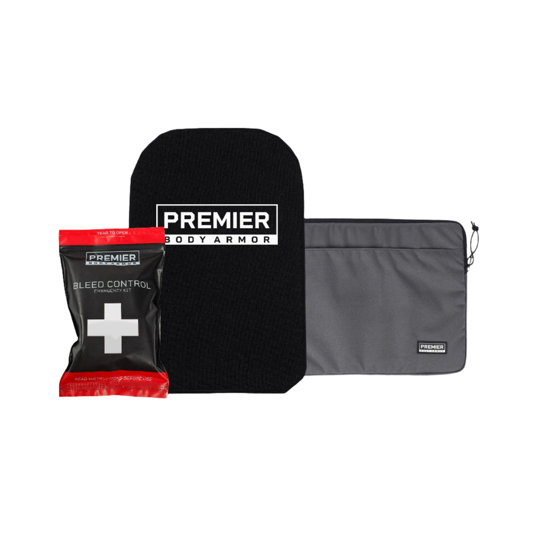 The image showcases the Secondary School Bundle by Premier Body Armor, ideal for campus safety. It includes a black body armor plate, a gray zippered case, and a Bleed Control Kit packaged in black and red. All items are neatly arranged against a plain white background.