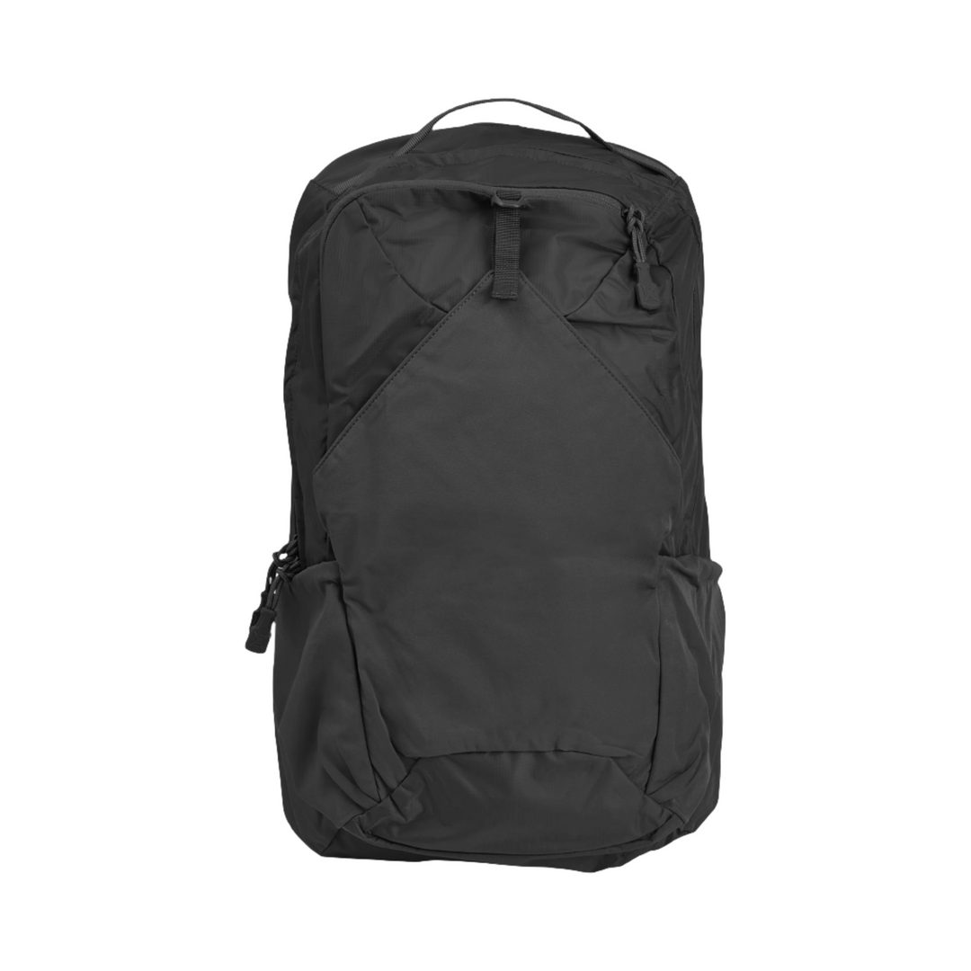 Introducing the Vertx Long Walks Pack 28L, a black backpack with a minimalist design. This sleek and functional pack features a triangular flap pocket on the front, a top zipper, and a small loop handle. The sides are equipped with additional zippered compartments, and the durable fabric ensures it can withstand everyday use.