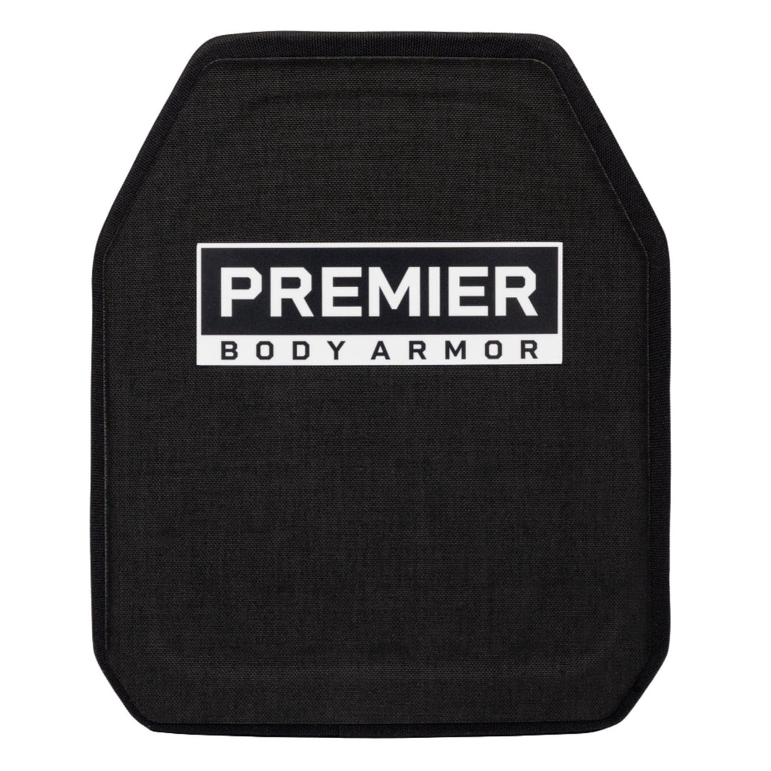 A single black Fortis III+ GT/RF2 Single-Curve ballistic plate, rectangular with slightly rounded corners and a beveled top. The plate features a white label in the center that reads "Premier Body Armor," showcasing its advanced construction from Boron/Silicon Carbide tiles.