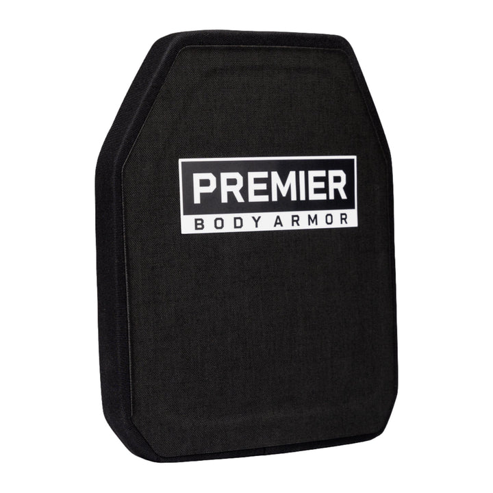 A black Fortis III+ GT/RF2 Single-Curve ballistic plate with the label "Premier Body Armor" is shown against a plain white background. The UHMWPE rectangular plate features slightly angled corners at the top.