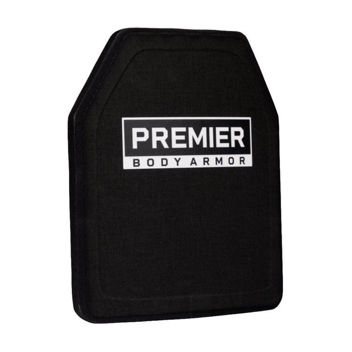 A black ballistic plate with rounded edges is shown, featuring the text "PREMIER BODY ARMOR" written in white capital letters within a white rectangular frame on the front. It's ideally suited for use with the Adaptable Response Loadout from Premier Body Armor.