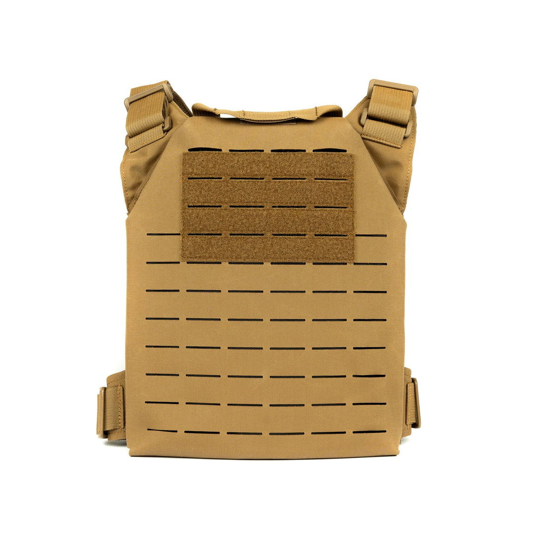 The image displays a tan-colored Premier Body Armor Fortis Level IV Loadout vest. It features adjustable padded shoulder straps and multiple horizontal slots for modular attachments, providing tactical flexibility. Constructed from durable fabric, this vest includes a Velcro patch area on the front, tailored to securely hold Level IV plates.