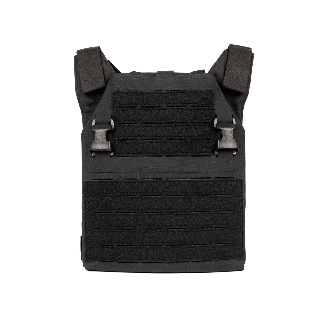 The Fortis Alpha Carrier by Premier Body Armor is a black tactical vest with padded shoulder straps and laser-cut MOLLE webbing on the front. Crafted from 500D Nylon, it features quick-release buckles and a rugged, minimalist design, making it suitable for carrying additional gear or protective plates.