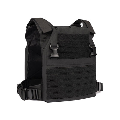 The image shows a black Premier Body Armor Fortis Level IV Loadout (old) tactical vest with MOLLE webbing on the front and adjustable shoulder straps. The vest features a mesh back, buckle closures on the sides and front, and can accommodate Level IV plates, ensuring tactical flexibility for carrying gear and providing protection.