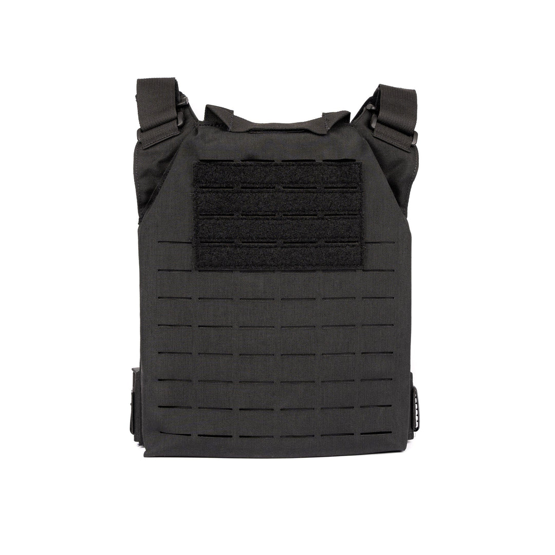 A black Fortis Alpha Carrier vest by Premier Body Armor, shown from the front, crafted from rugged 500D Nylon. It features adjustable shoulder straps and a Velcro panel for attachments. The design includes laser-cut MOLLE and rows of horizontal slits for modular components, providing customization options for carrying gear.