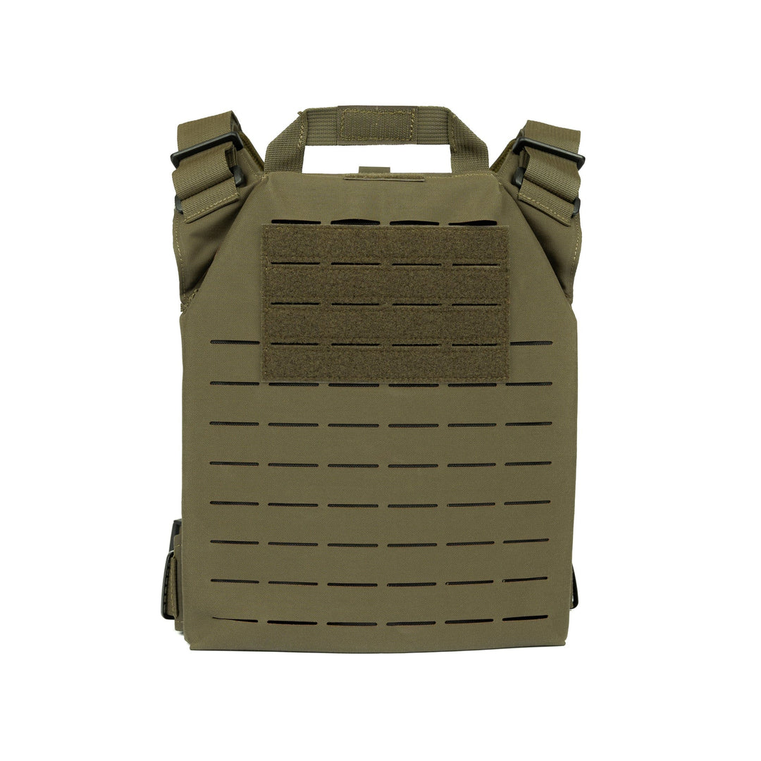 The Premier Body Armor Fortis Alpha Carrier, constructed from durable 500D Nylon, is equipped with laser-cut MOLLE panels for attaching gear, adjustable shoulder straps, and a handle at the top. The front panel boasts horizontal slits and a large hook-and-loop section for patches or identification.