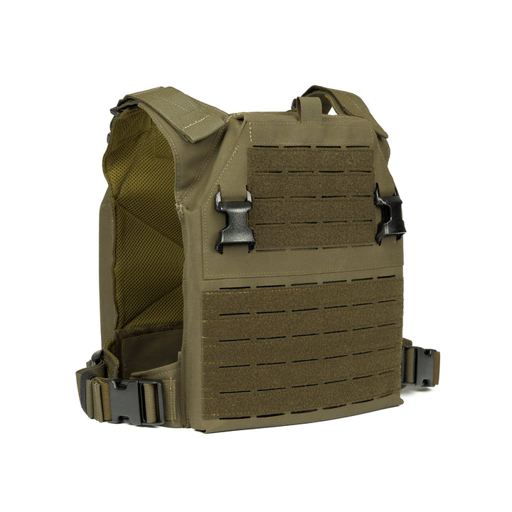 A tan-colored Premier Body Armor Fortis Level IV Loadout, featuring adjustable shoulder straps, multiple MOLLE attachments on the front, and buckles on the sides. The vest also includes a mesh interior and compatibility with Level IV Plates, offering exceptional tactical flexibility for carrying additional gear.