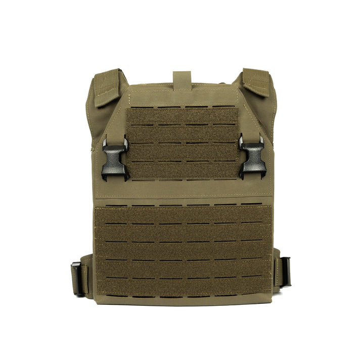 The Premier Body Armor Fortis Alpha Carrier is a tan-colored tactical plate carrier vest crafted from rugged 500D Nylon. It includes adjustable shoulder straps, laser-cut MOLLE webbing, and quick-release buckles. Its minimalist and lightweight design is ideal for efficiently holding protective armor plates.