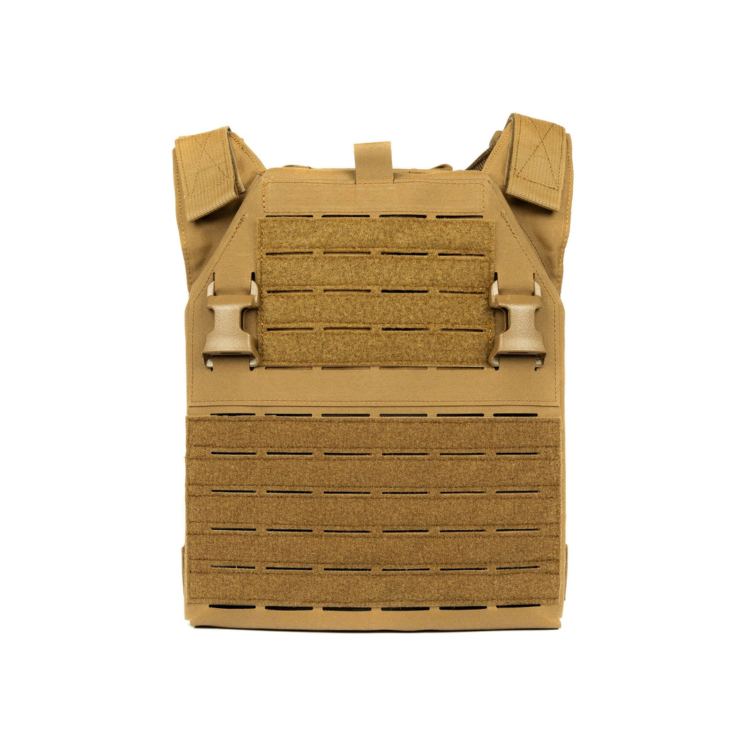 The Premier Body Armor Fortis Level IV Loadout, a tan tactical plate carrier vest, offers tactical flexibility with adjustable shoulder straps and front MOLLE webbing for pouches and accessories. It supports Level IV Plates and features front hook-and-loop panels for patches and identification.