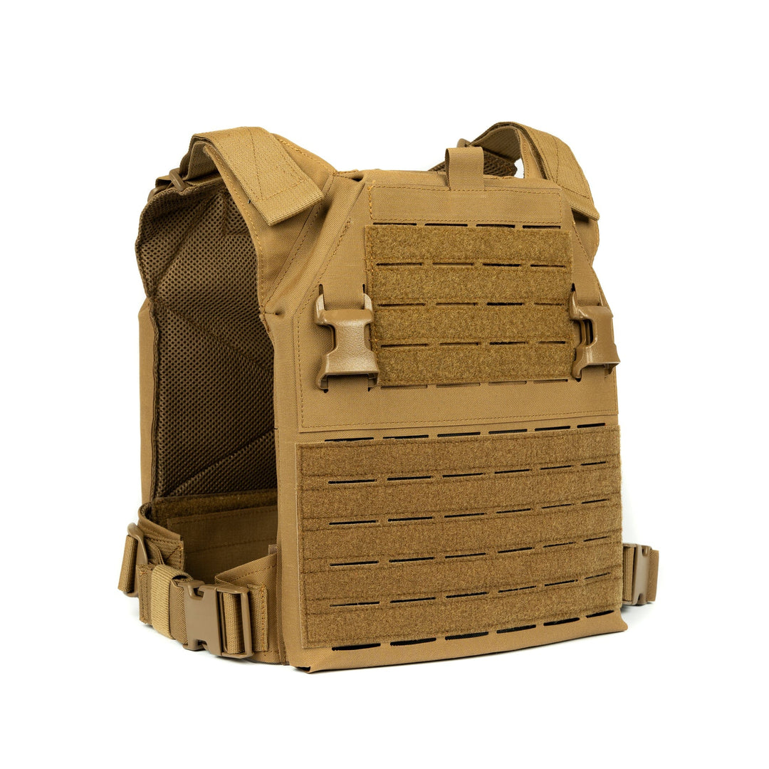 The Premier Body Armor Fortis Level IV Loadout is a tan tactical plate carrier vest that features adjustable shoulder straps, lumbar support, and multiple attachment points for enhanced tactical flexibility. Equipped with a Molle system to accommodate additional gear, it supports Level IV Plates. The vest includes two front buckles and Velcro areas for patches, ensuring it is designed for both protection and utility use.